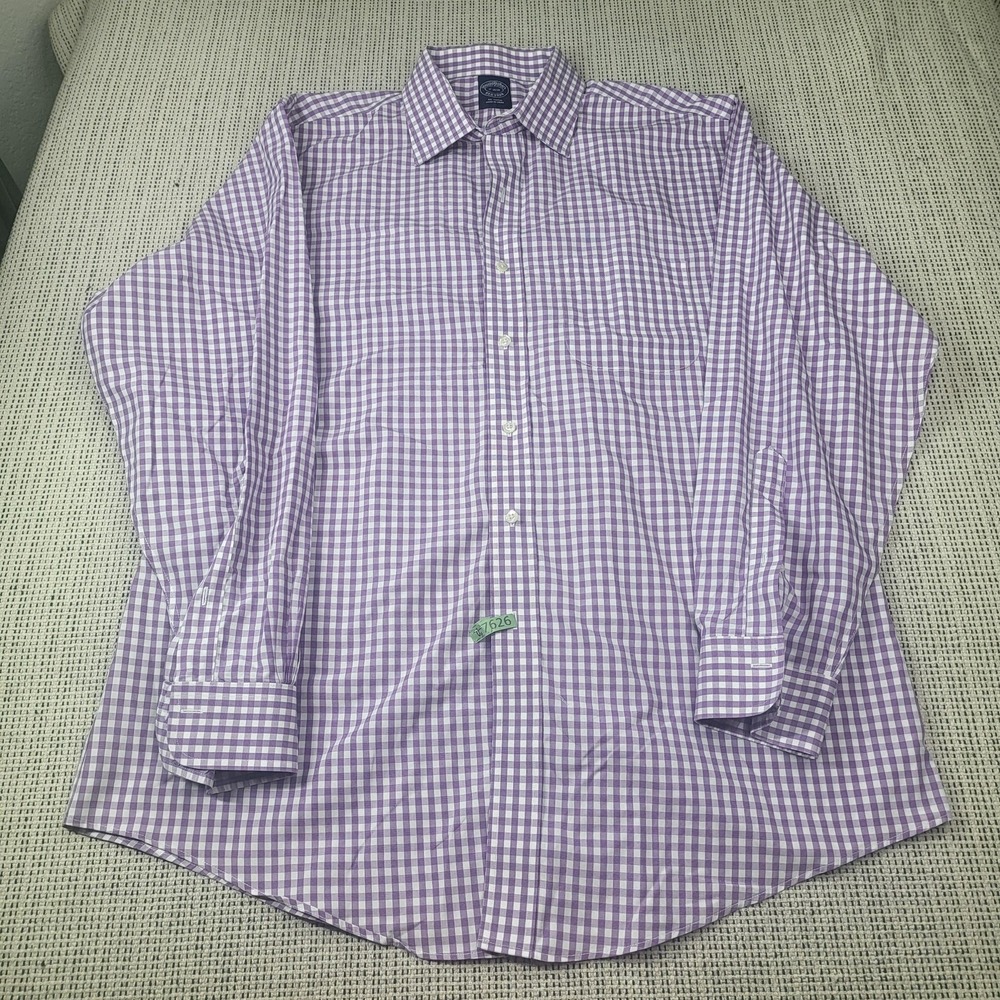 Brooks Brothers‎ Dress Shirt Mens 17 34/35 Purple Gingham Classic Fit Non Iron
